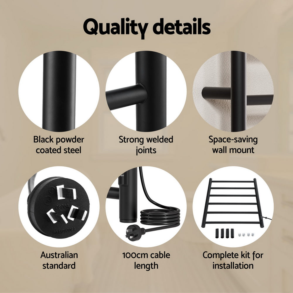 Devanti Heated Towel Rail 6 Round Bars  with Timer Electric Heater Warmer Rack 6