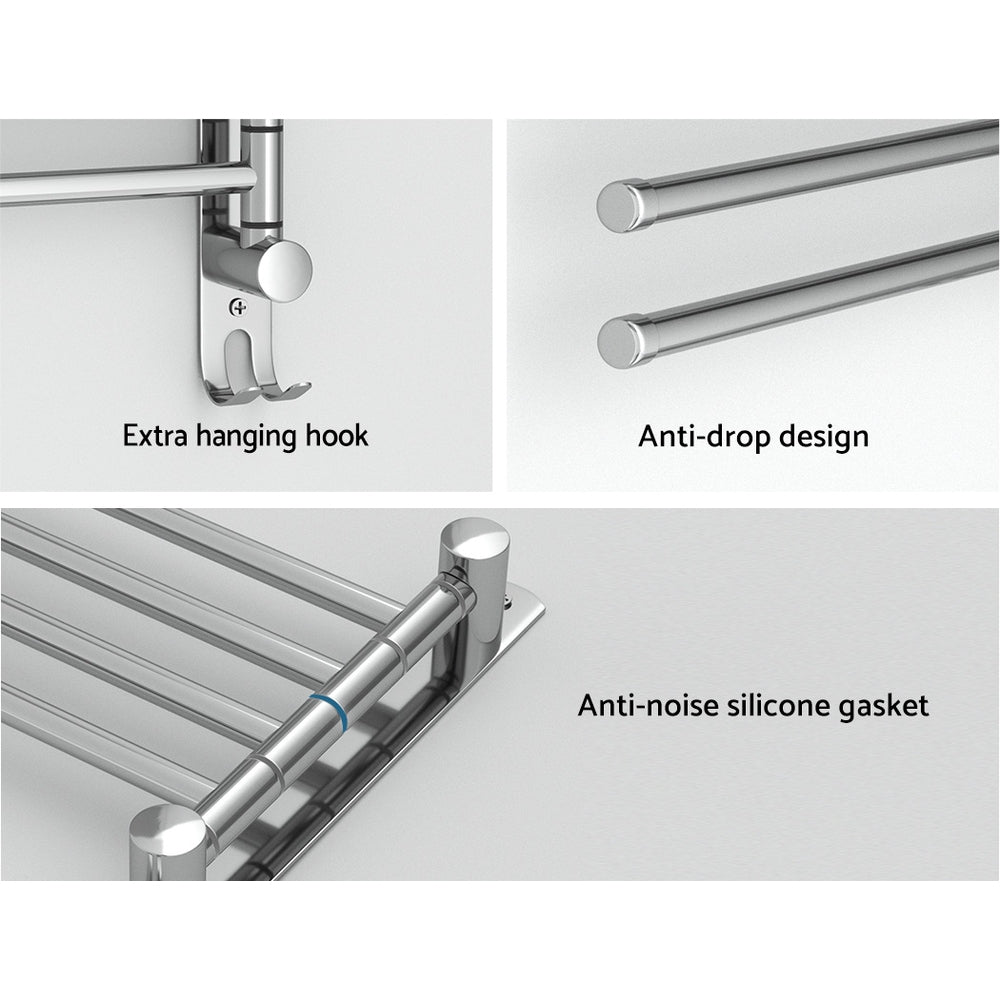 Towel Rail Rack Holder 4 Bars Wall Mounted Stainless Steel Swivel Hanging Hook 6
