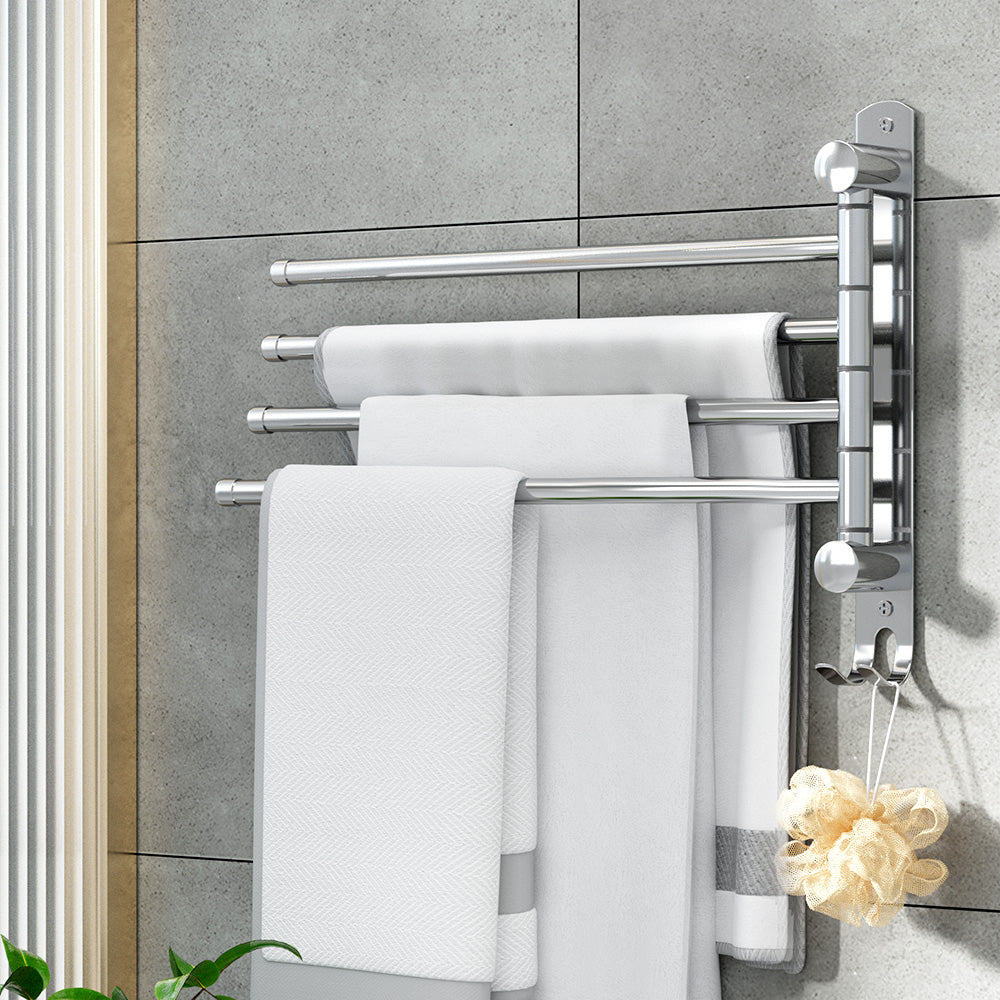 Towel Rail Rack Holder 4 Bars Wall Mounted Stainless Steel Swivel Hanging Hook 7