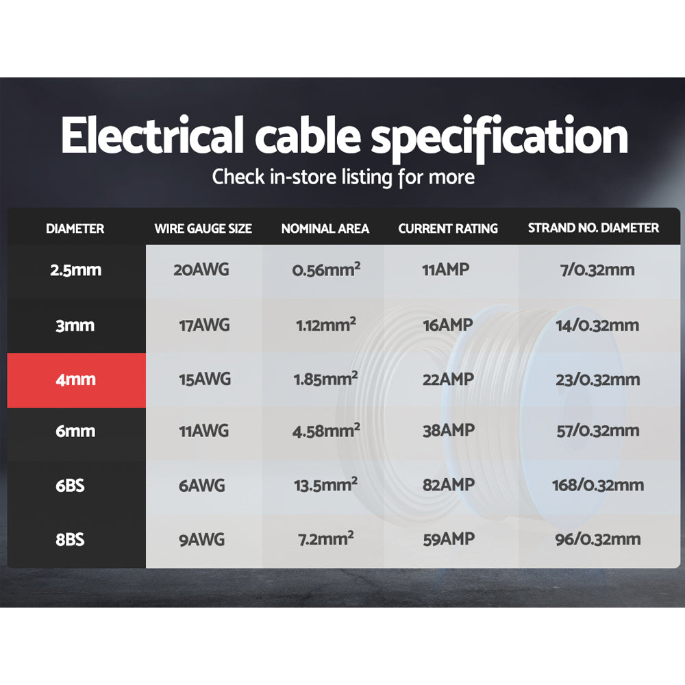 Giantz 4MM 30M Twin Core Wire Electrical Cable Extension Car 450V 2 Sheath 4