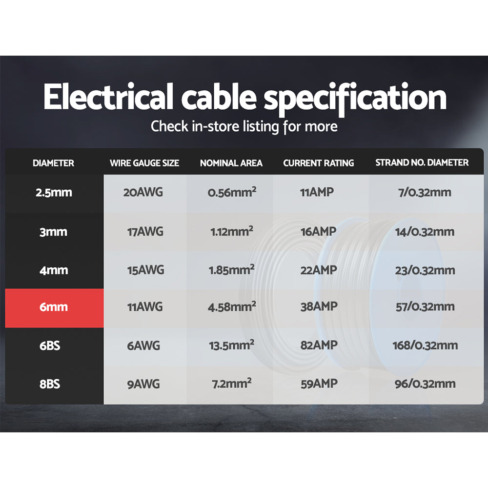 Giantz 6MM 10M Twin Core Wire Electrical Cable Extension Car 450V 2 Sheath 4