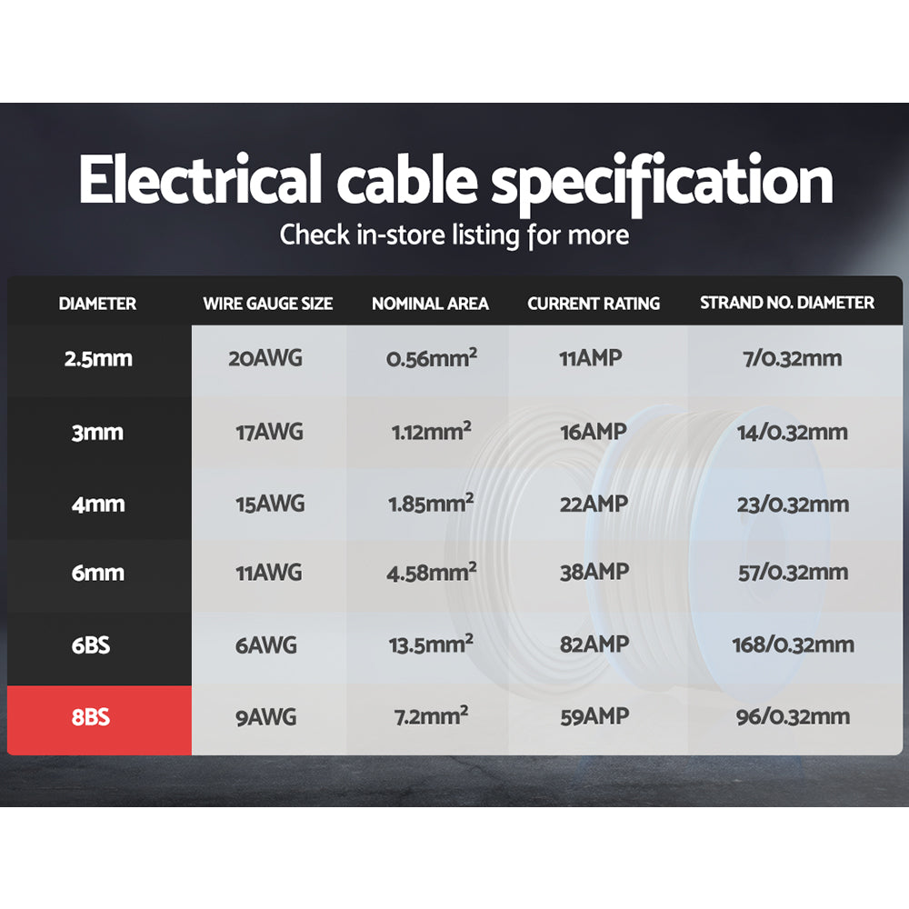Giantz 8B&S 10M Twin Core Wire Electrical Cable Extension Car 450V 2 Sheath 4