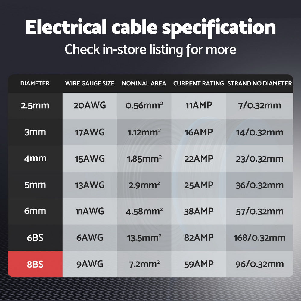 Giantz 8B&S 30M Twin Core Wire Electrical Cable Extension Car 450V 2 Sheath 4