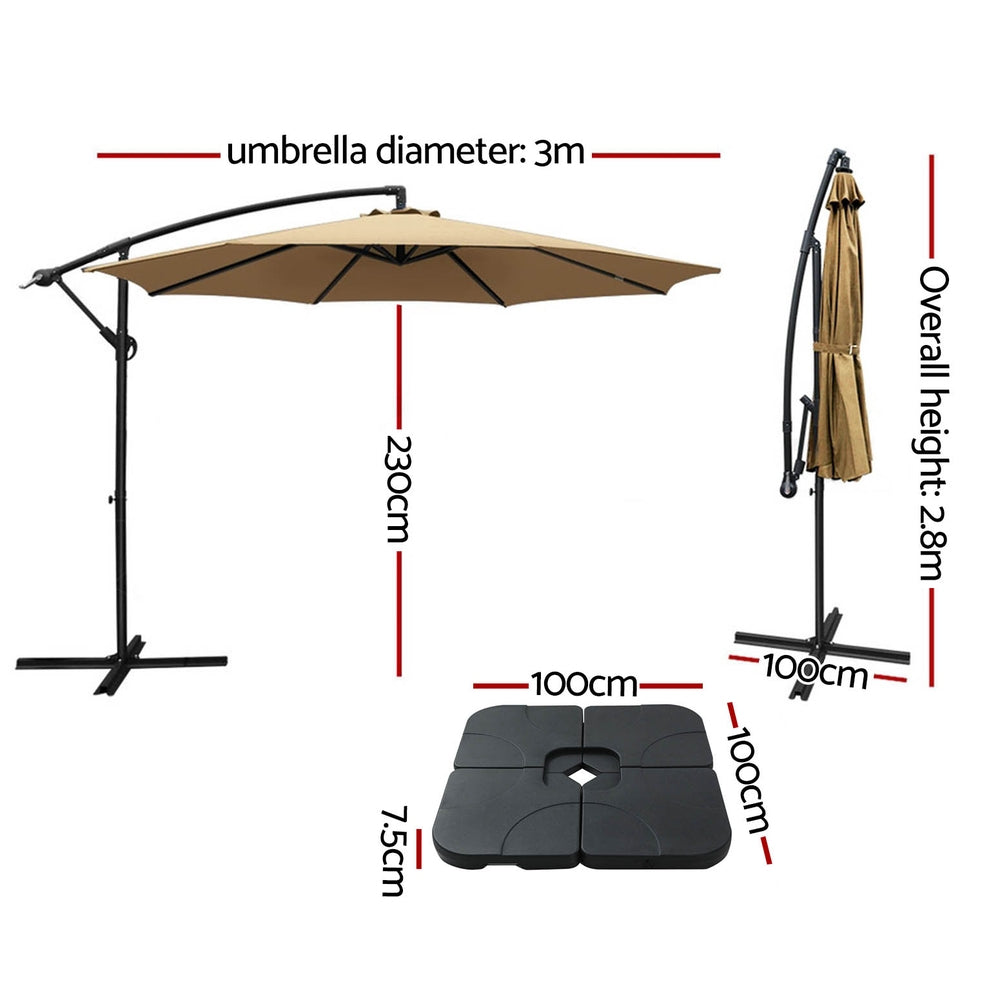 Instahut 3m Umbrella w/Base Outdoor Cantilever Beach Garden Patio Parasol Beige 3