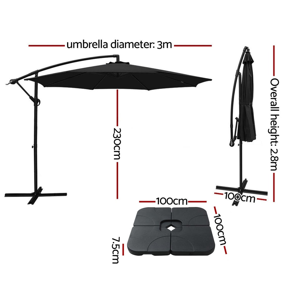 Instahut 3m Umbrella w/Base Outdoor Cantilever Beach Garden Patio Parasol Black 3