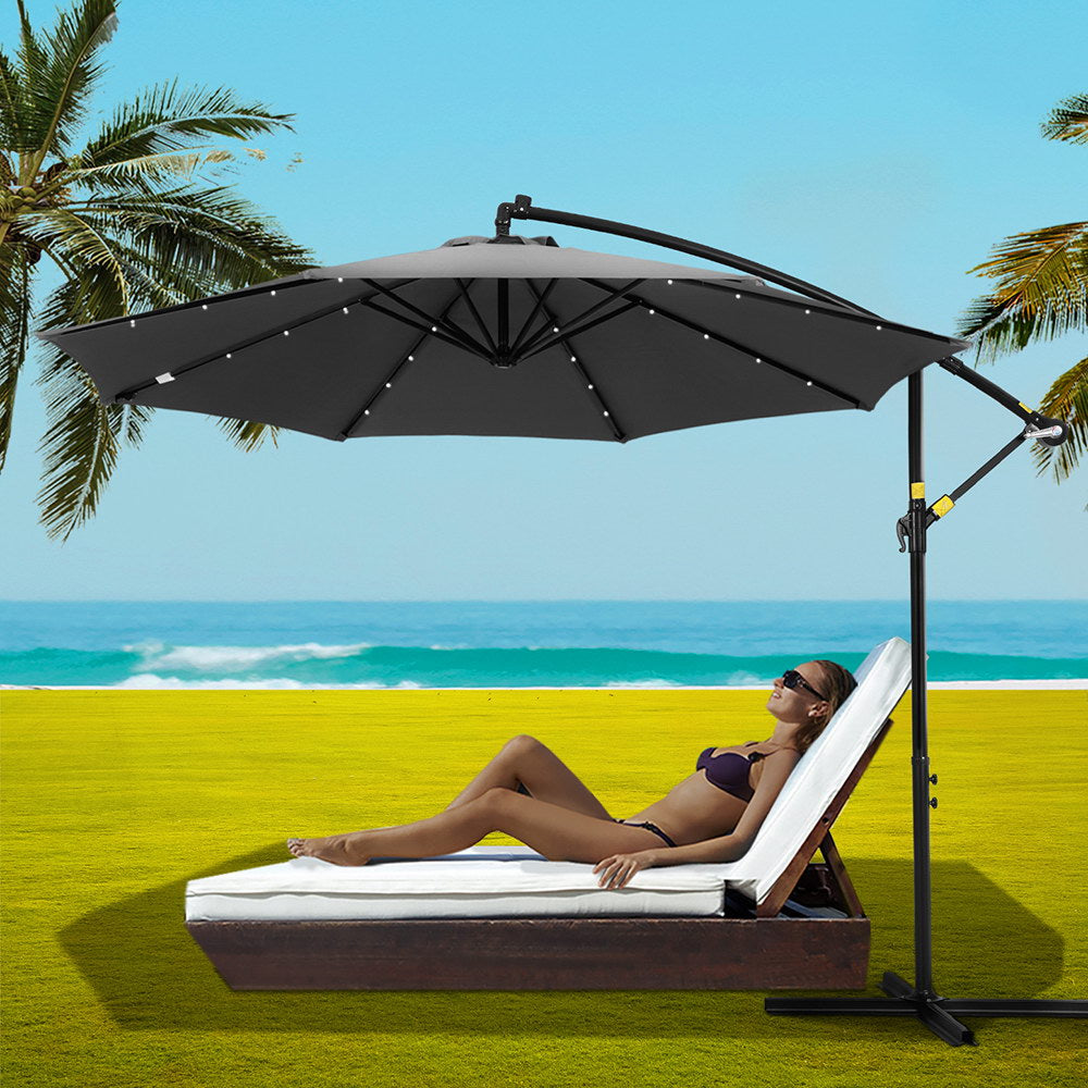Instahut Outdoor Umbrella 3M Cantilever Beach LED Garden Shade Patio Charcoal 7