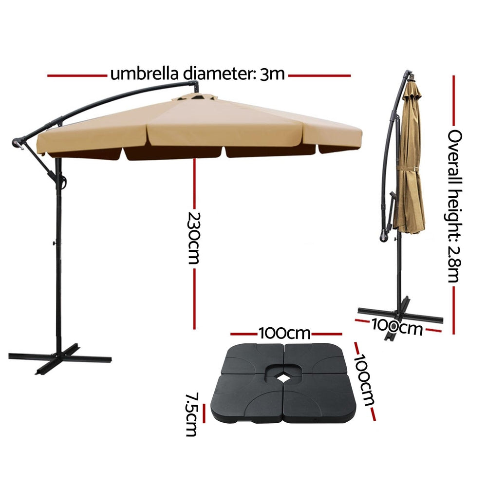Instahut 3m Outdoor Umbrella w/Base Cantilever Garden Beach Patio Beige 3
