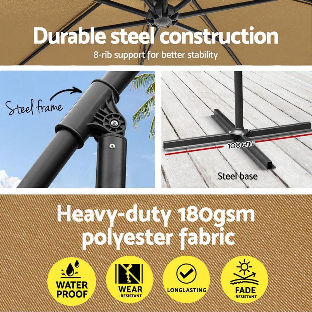 Instahut 3m Outdoor Umbrella w/Base Cantilever Garden Beach Patio Beige 5