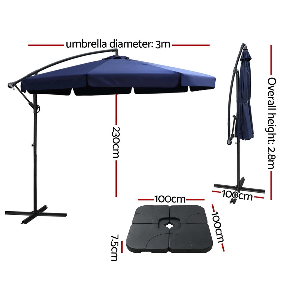 Instahut 3m Outdoor Umbrella w/Base Cantilever Garden Beach Patio Navy 3