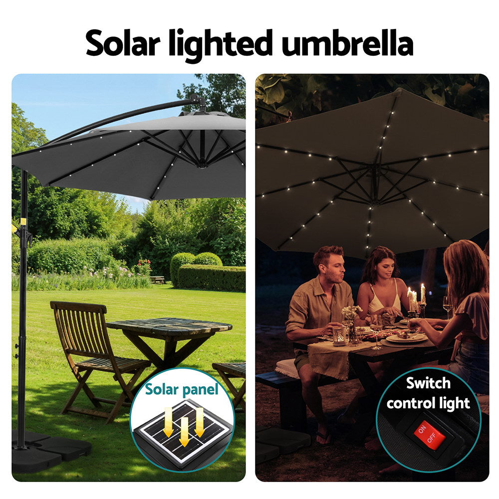 Instahut Outdoor Umbrella 3M Cantilever Beach LED Base Garden Sun Patio Charcoal 4