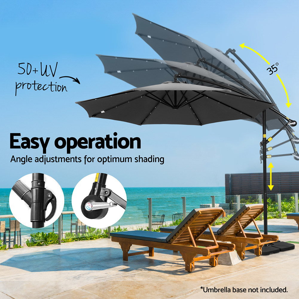 Instahut Outdoor Umbrella 3M Cantilever Beach LED Base Garden Sun Patio Charcoal 5