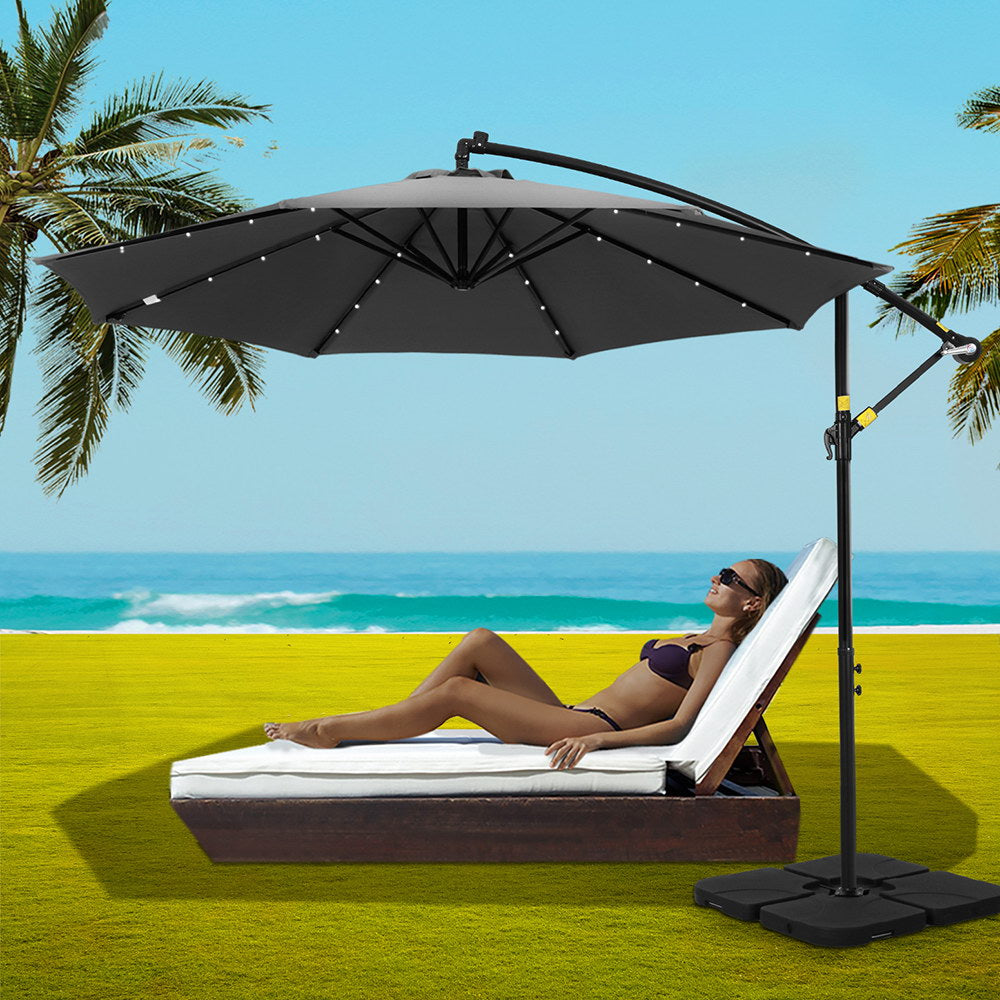 Instahut Outdoor Umbrella 3M Cantilever Beach LED Base Garden Sun Patio Charcoal 7