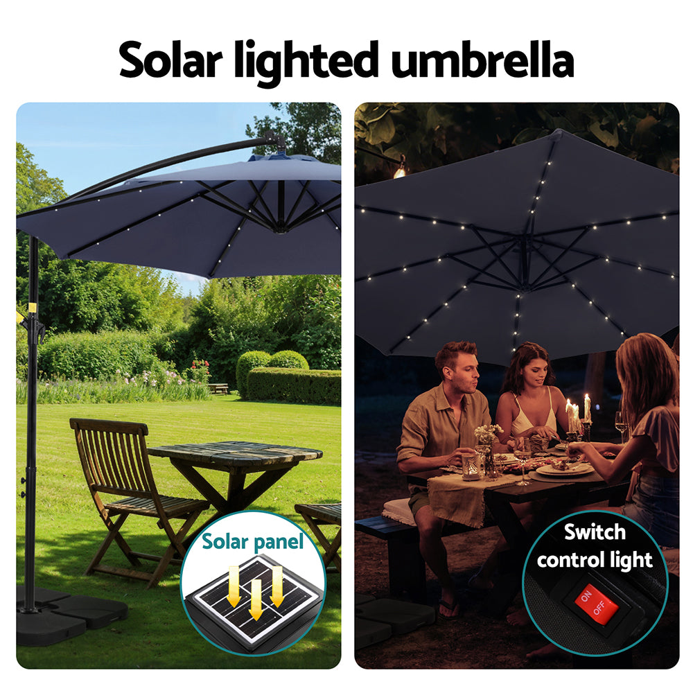 Instahut Outdoor Umbrella 3M Cantilever Beach LED w/Base Garden Shade Patio Navy 4