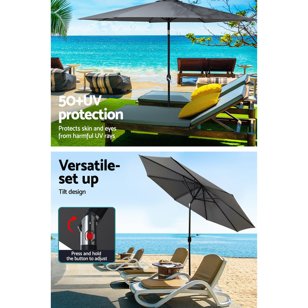 Instahut Outdoor Umbrella 3m Base Beach Pole Garden Tilt Sun Patio UV Charcoal 5