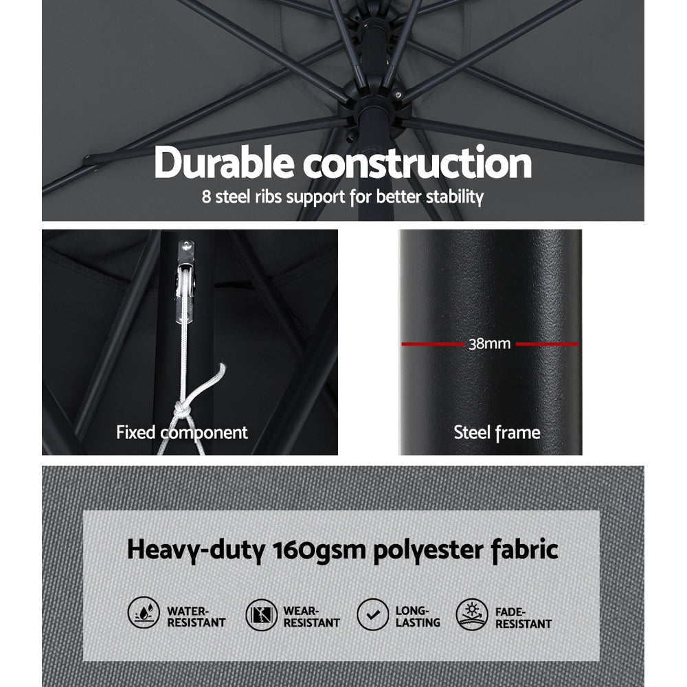 Instahut Outdoor Umbrella 3m Base Beach Pole Garden Tilt Sun Patio UV Charcoal 7