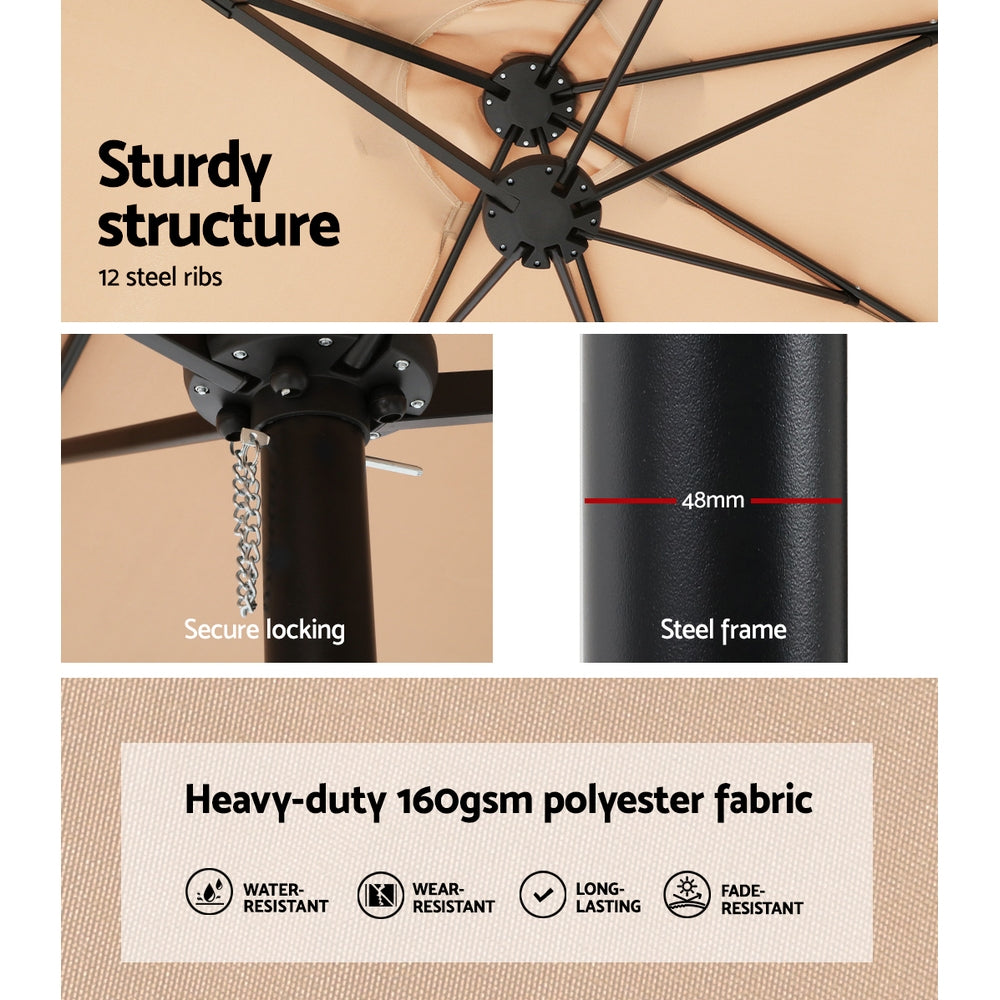 Instahut 4.57m Outdoor Umbrella w/Base Stand Beach Pole Garden Tilt Beige 5