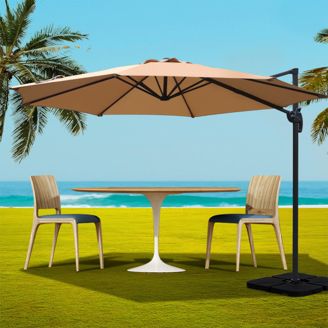 Instahut 3m Outdoor Umbrella w/Base Cantilever Beach Roma 360 Degree Tilt Beige 8