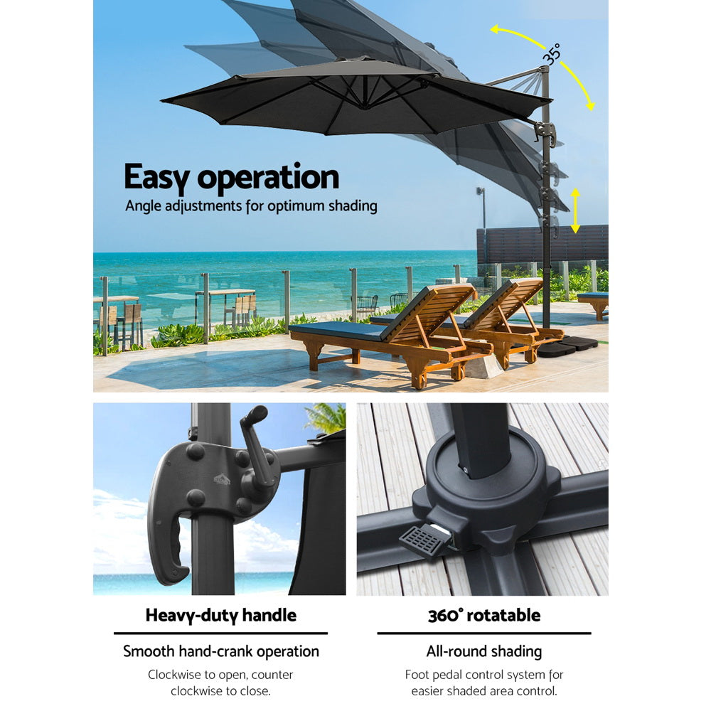 Instahut 3m Outdoor Umbrella w/Base Cantilever Beach Roma 360 Degree Tilt Black 5