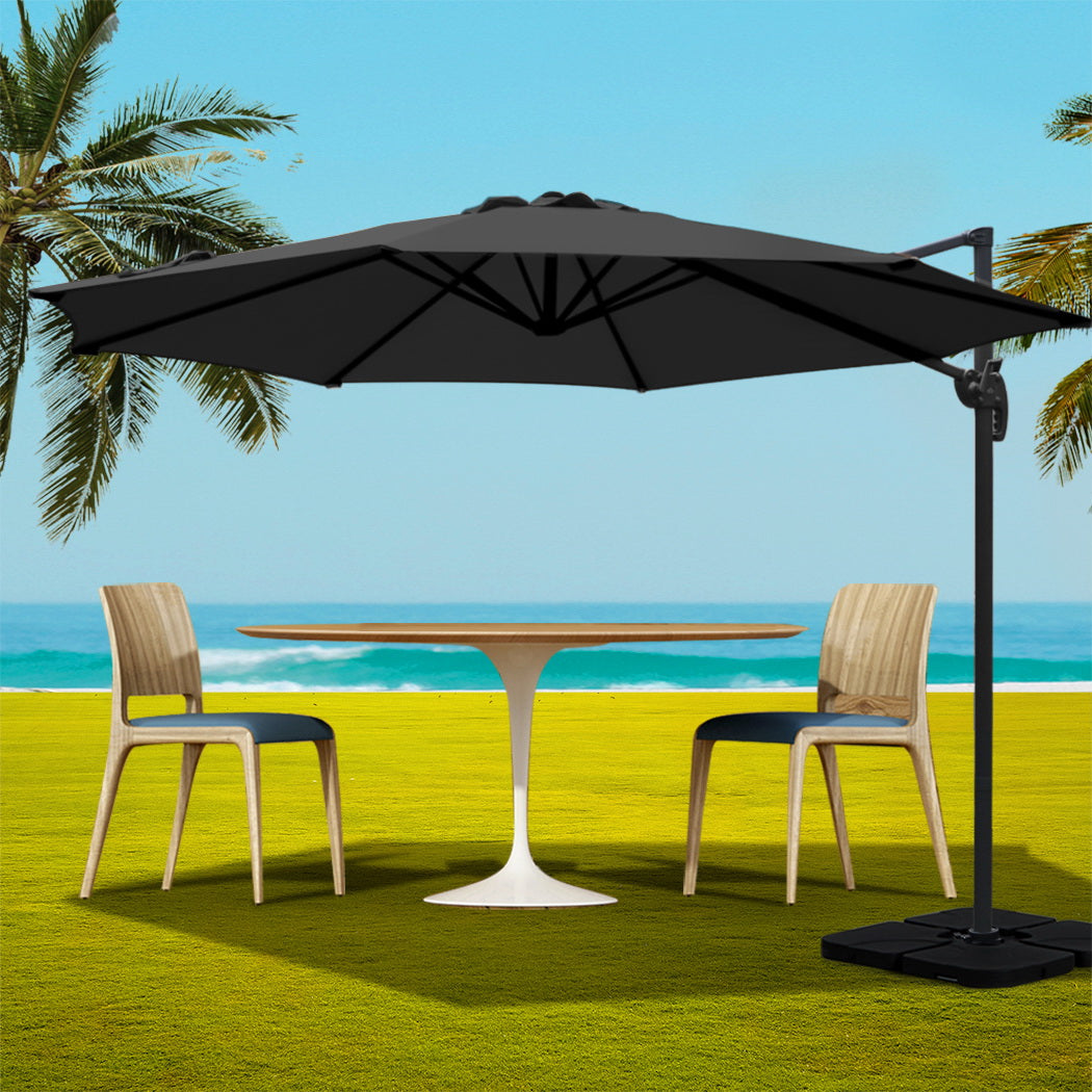 Instahut 3m Outdoor Umbrella w/Base Cantilever Beach Roma 360 Degree Tilt Black 8