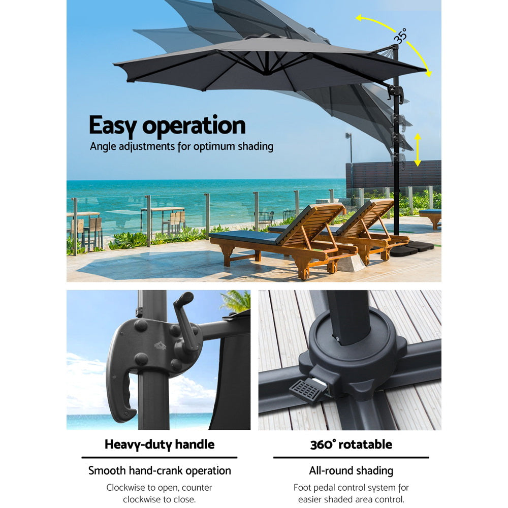 Instahut 3m Outdoor Umbrella w/Base Cantilever Beach Roma 360 Degree Tilt Charcoal 5