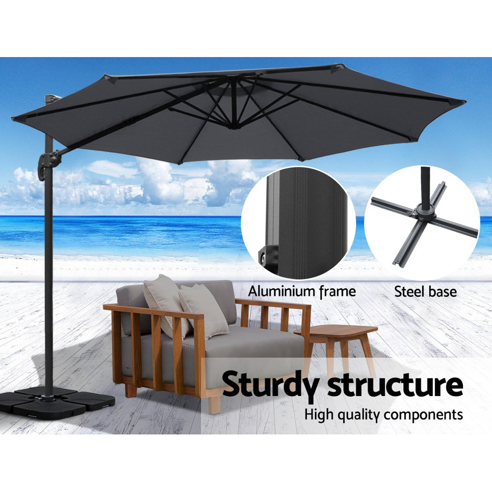 Instahut 3m Outdoor Umbrella w/Base Cantilever Beach Roma 360 Degree Tilt Charcoal 6