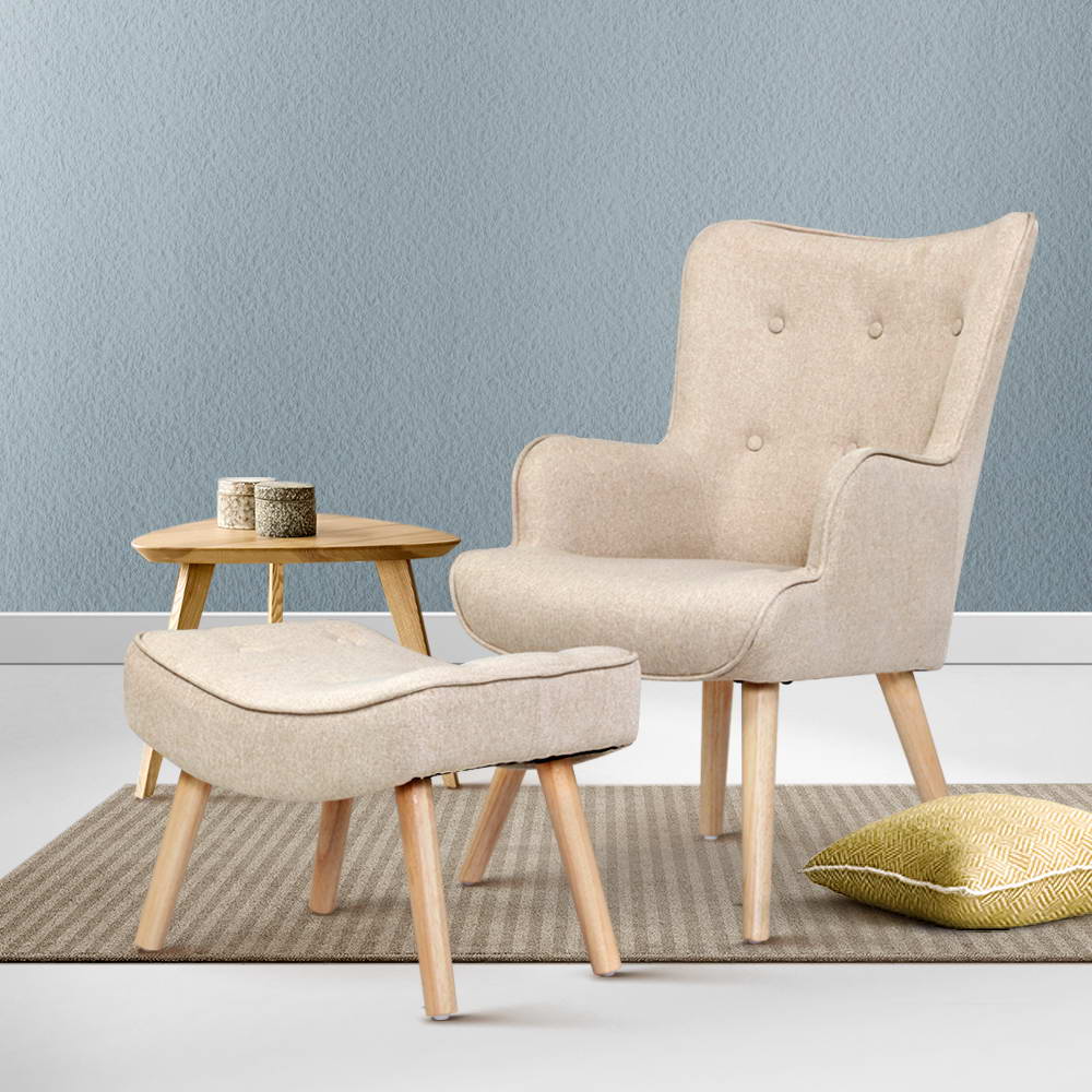 Artiss Armchair Set with Ottoman Beige Lansar 7
