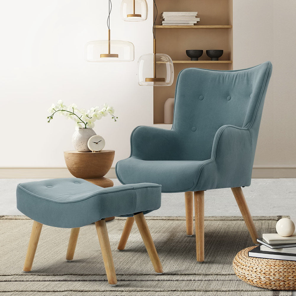 Artiss Armchair Set with Ottoman Blue Lansar 7