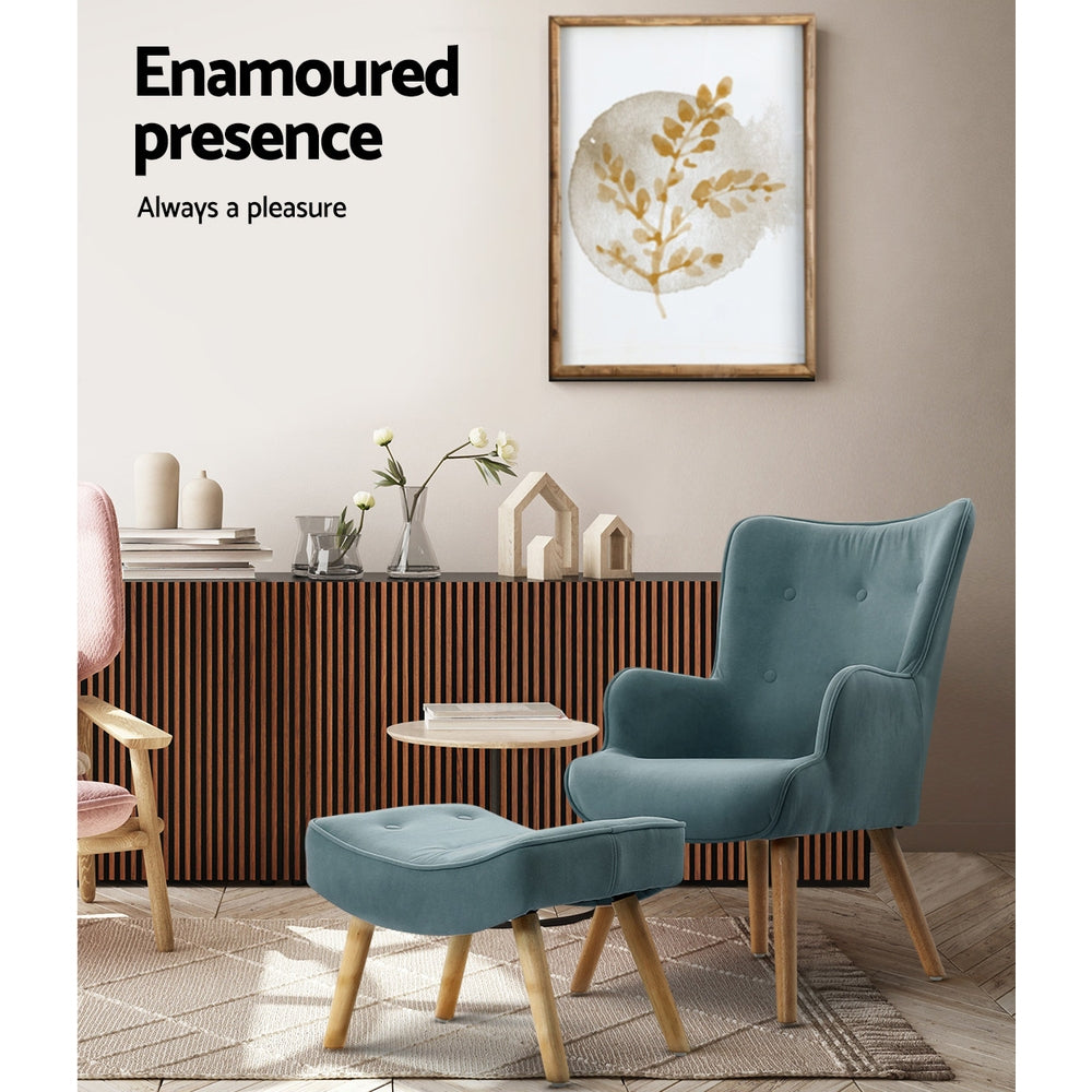 Artiss Armchair Set with Ottoman Blue Lansar 4