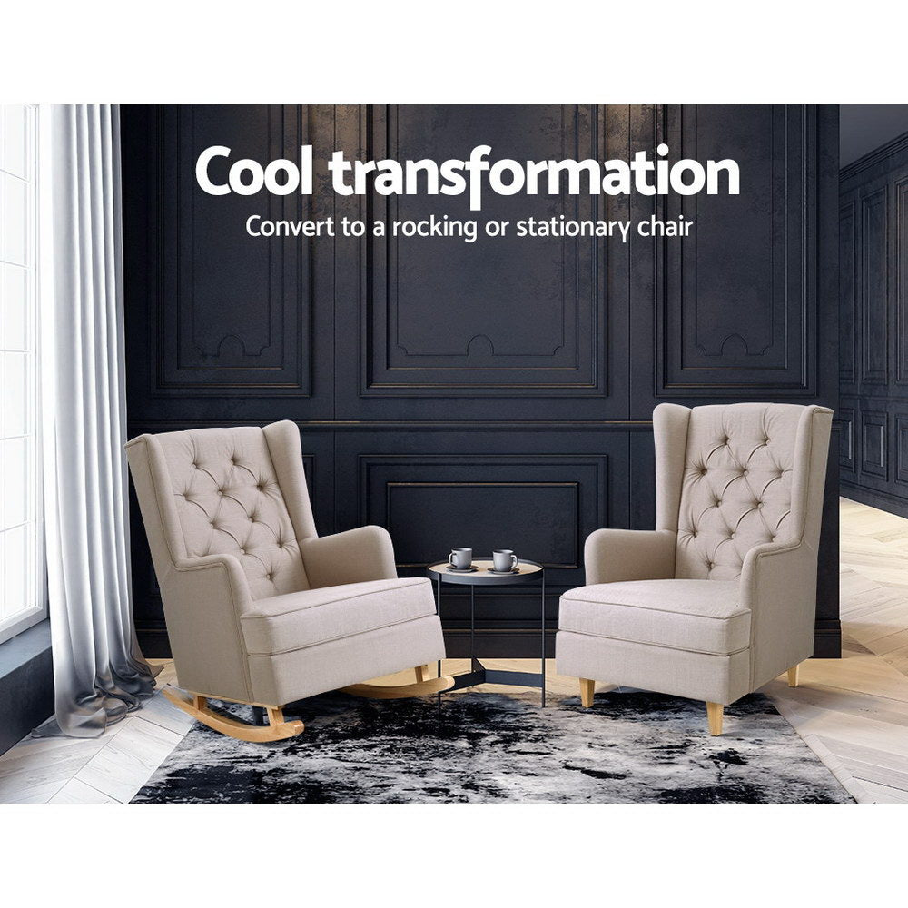 Artiss Rocking Chair Armchair Linen Fabric Beige Gaia 4