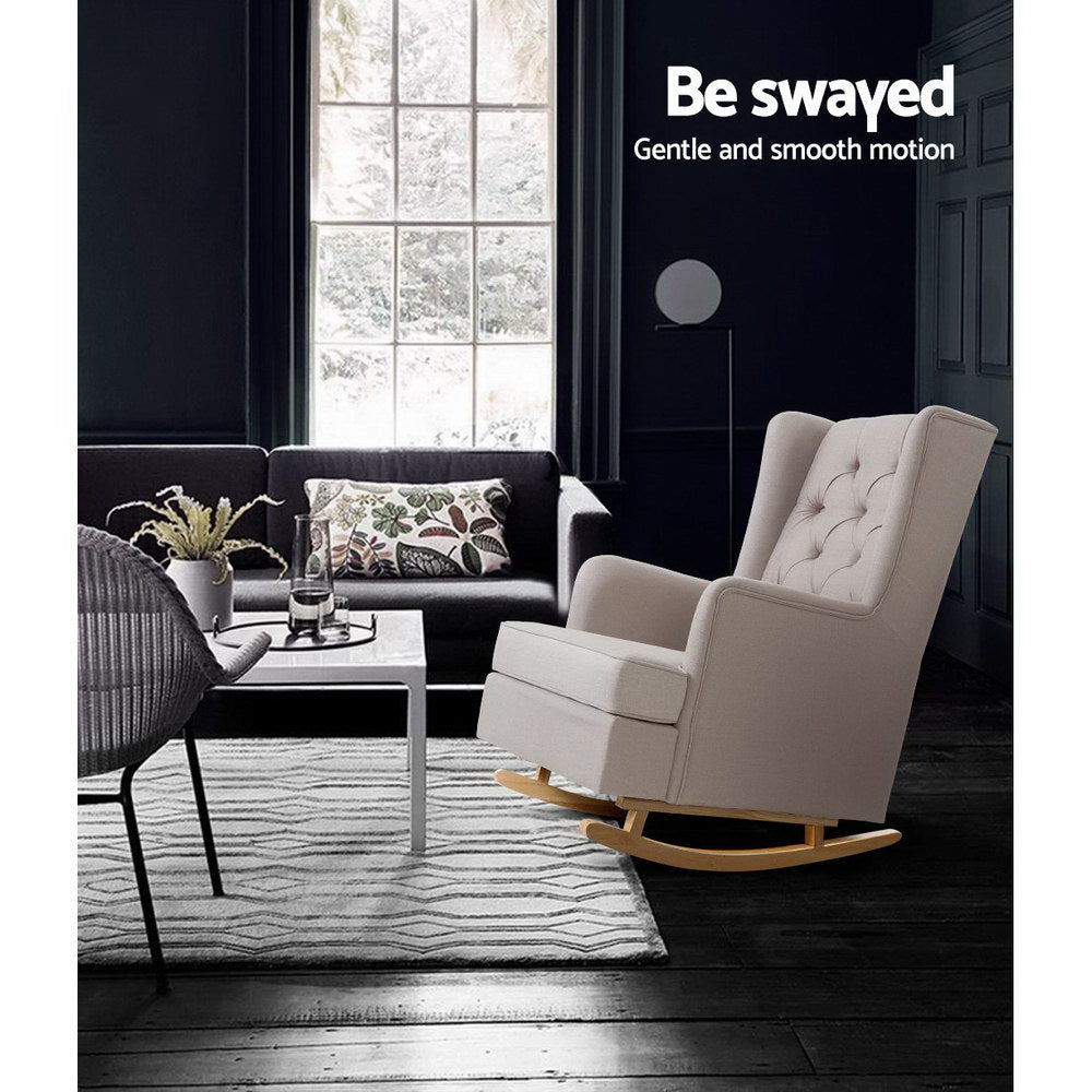 Artiss Rocking Chair Armchair Linen Fabric Beige Gaia 6