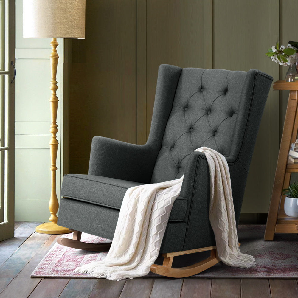 Artiss Rocking Chair Armchair Linen Fabric Charcoal Gaia 8