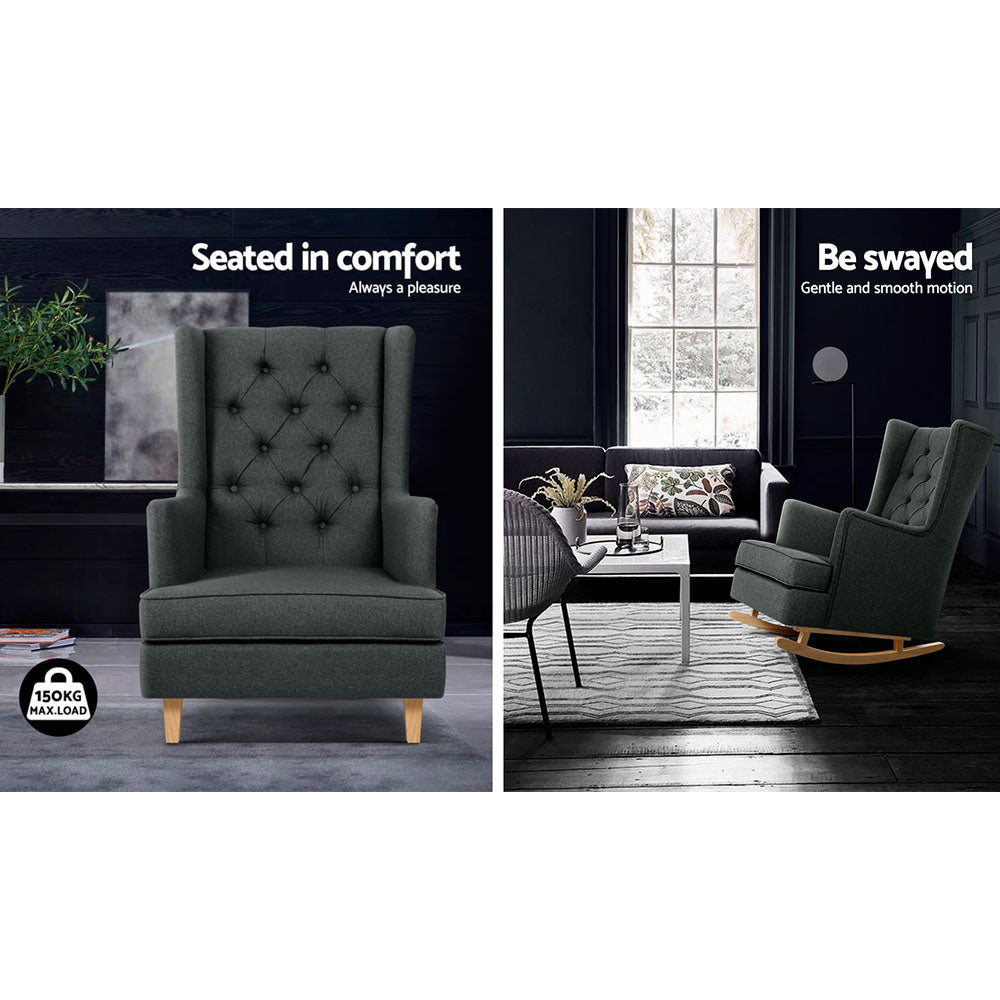 Artiss Rocking Chair Armchair Linen Fabric Charcoal Gaia 5