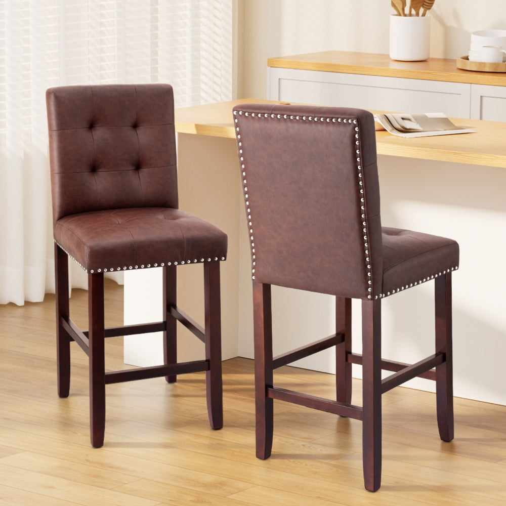 Artiss 2x Bar Stools Kitchen Dining Chairs Counter PU Leather Wooden Ada Brown 7