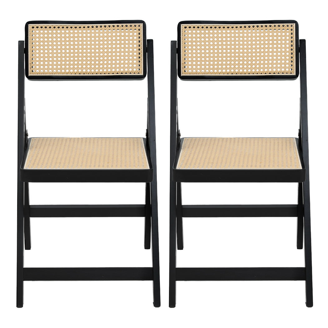 Artiss 2x Dining Chairs Wooden Rattan Foldable Black 3