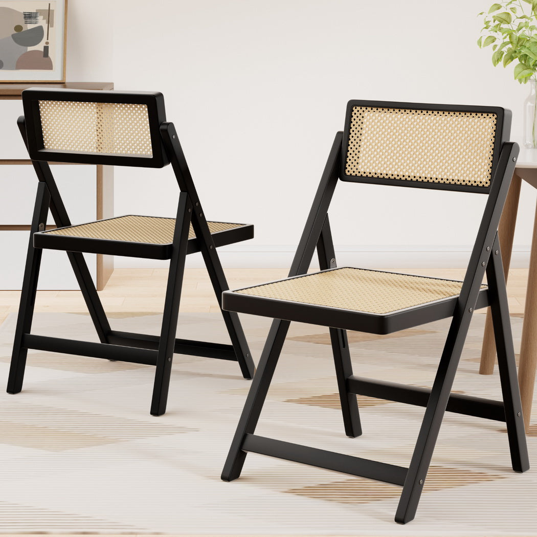 Artiss 2x Dining Chairs Wooden Rattan Foldable Black 7