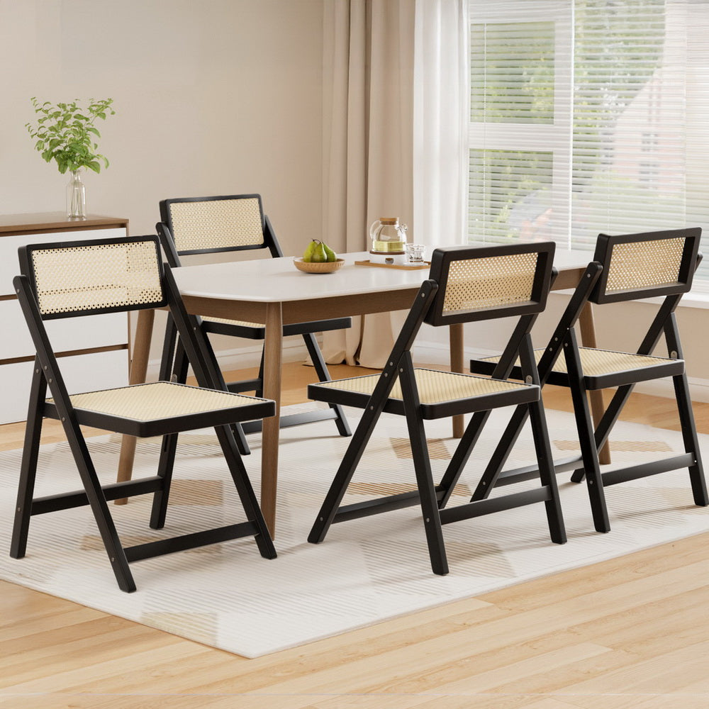Artiss 4x Dining Chairs Wooden Rattan Foldable Black 7
