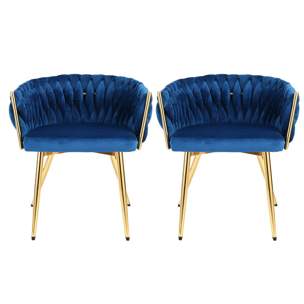 1 Set of 2 Artiss Dining Chairs Velvet Weaving Armchair Blue 3