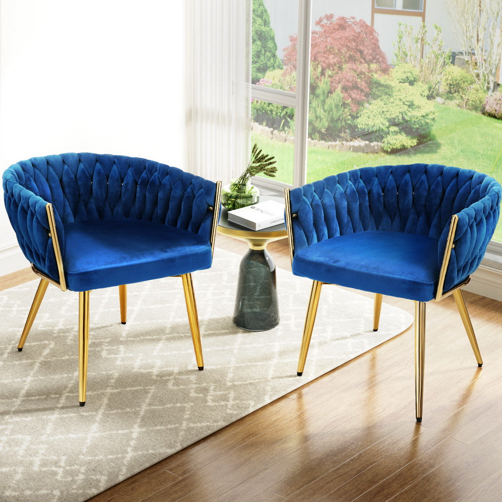 1 Set of 2 Artiss Dining Chairs Velvet Weaving Armchair Blue 7