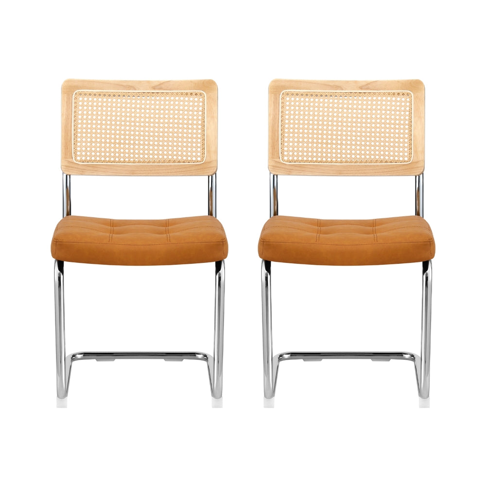 Artiss Dining Chairs Set of 2 PU Leather Rattan Cantilever Brown 3