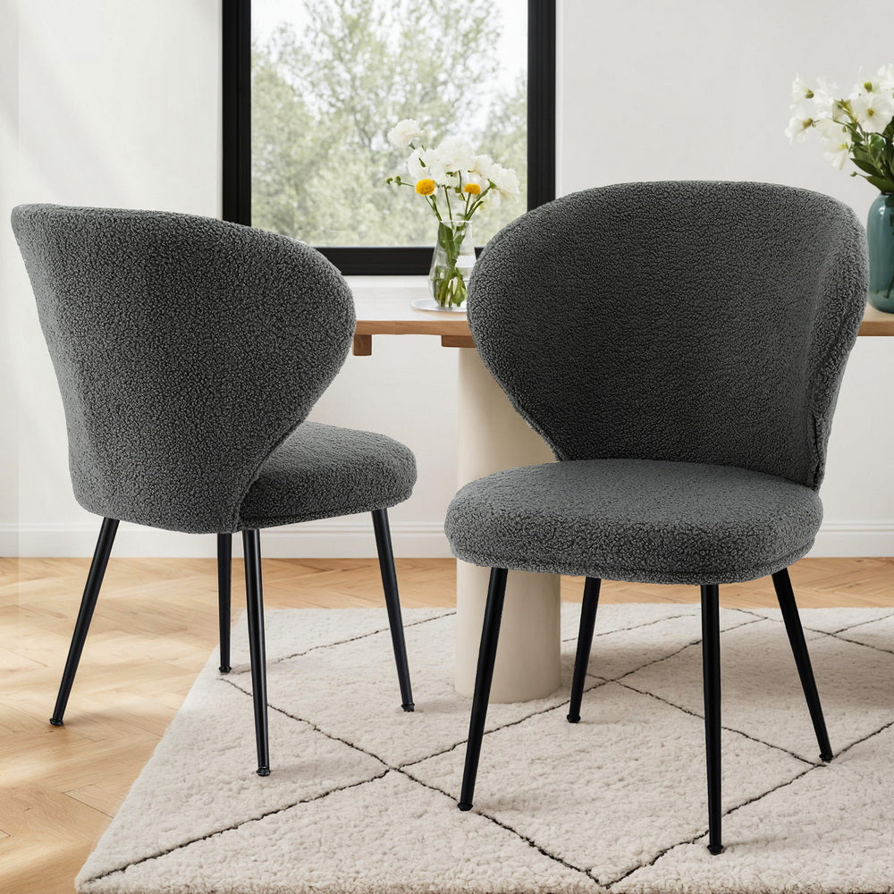 Artiss 2x Dining Chairs Sherpa Boucle Wing Back Grey 7
