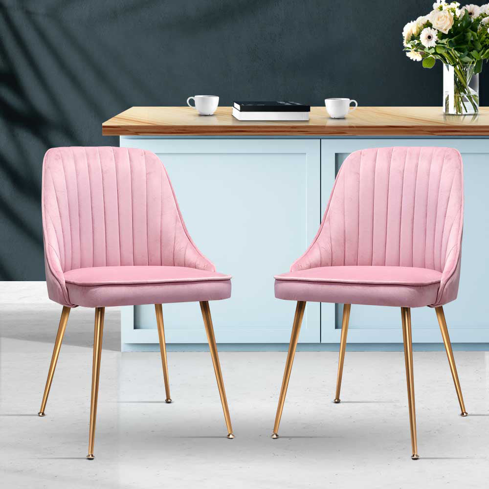 Artiss Dining Chairs Set of 2 Velvet Channel Tufted Pink 7