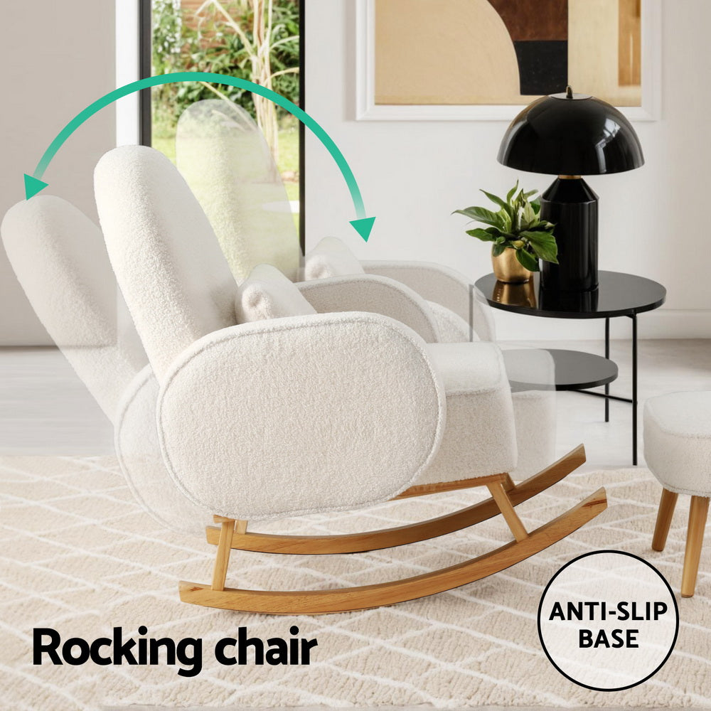 Artiss Armchair Rocking Chair Ottoman Lounge Footrest Round Nursing Boucle White 4