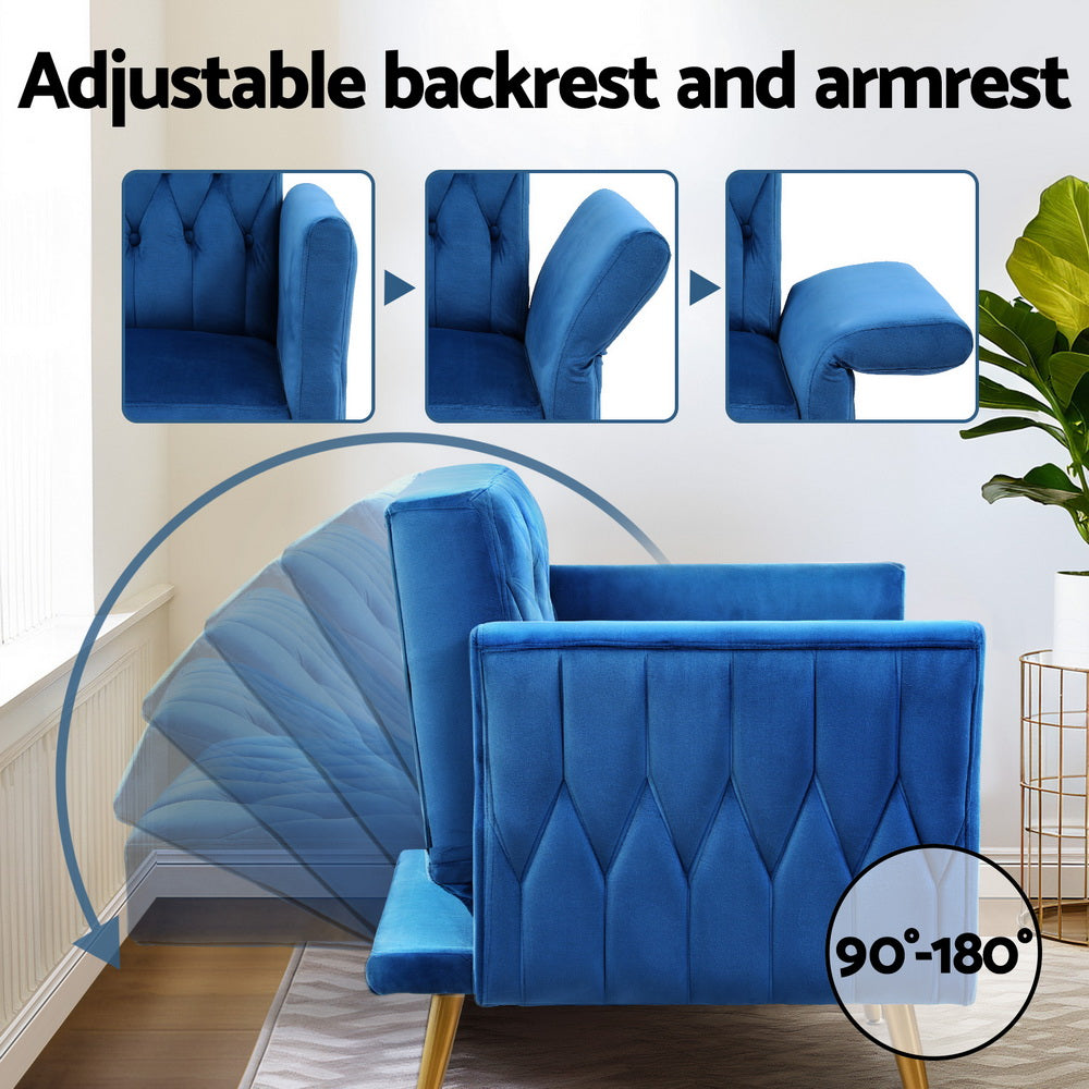 Artiss Armchair Ottoman Accent Chair Pillow Velvet Blue 4