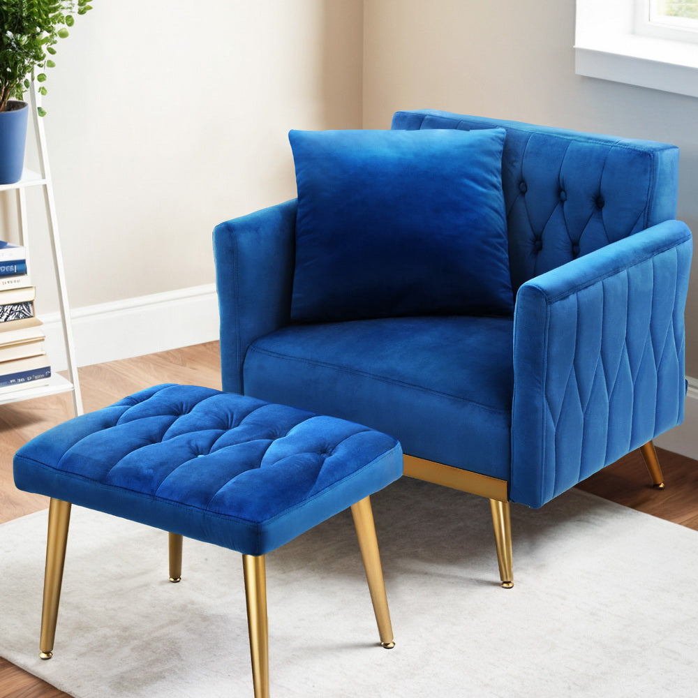 Artiss Armchair Ottoman Accent Chair Pillow Velvet Blue 7