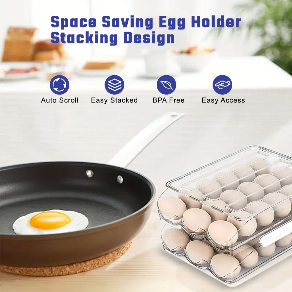 Hivvago 2 Layers Automatic Rolling Clear Egg Refrigerator Organizer with Lid 6