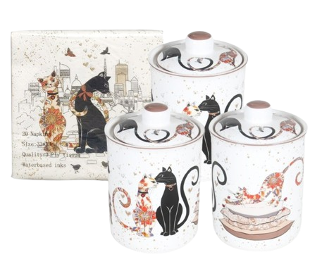 Cat Couple Embossed Canisters — Bone China Storage Set + Matching Napkins