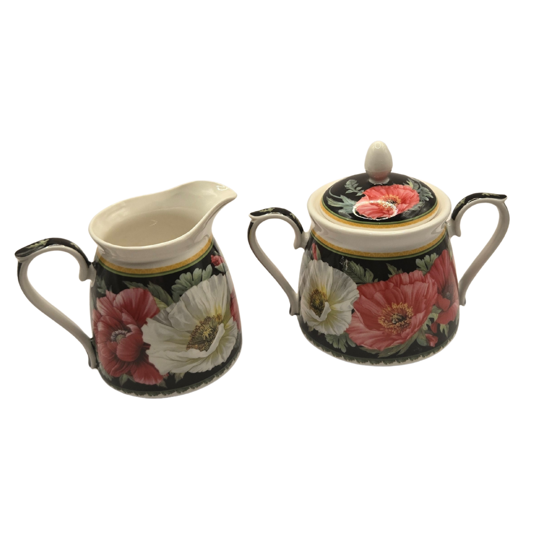Poppies-on-Black Fine Bone China Milk & Sugar Bowls (Set of 2)