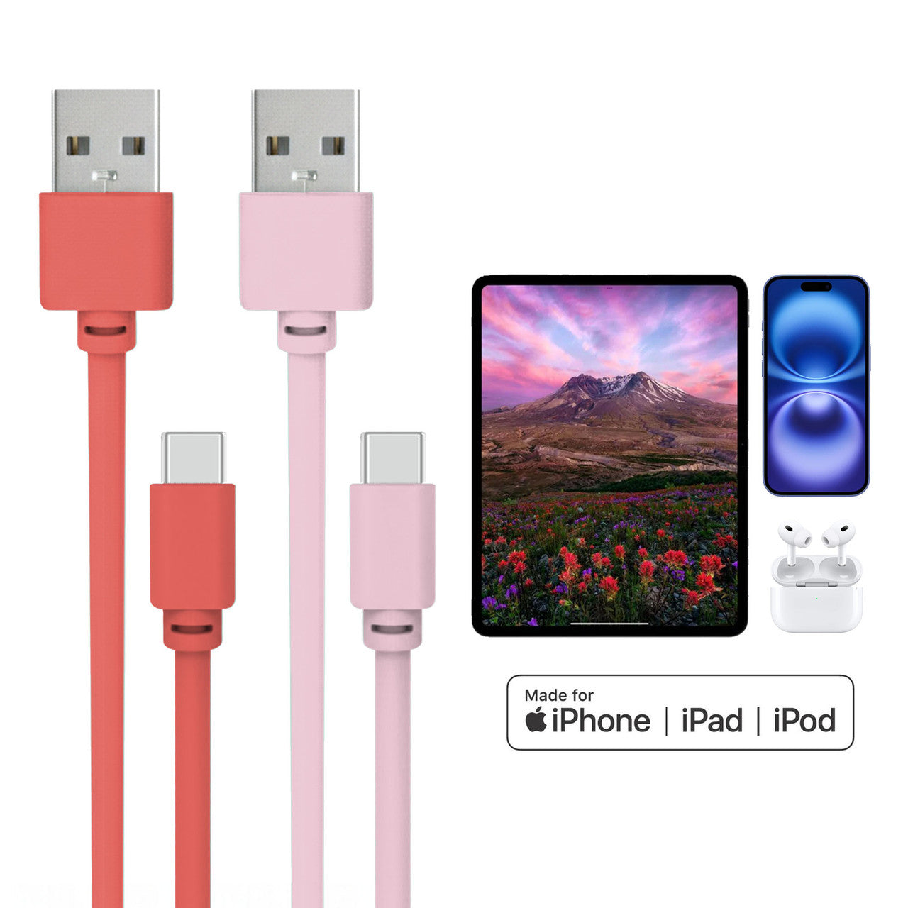 Laser Twin Pack 2 m USB-C to USB-A Cables Pink Red 4
