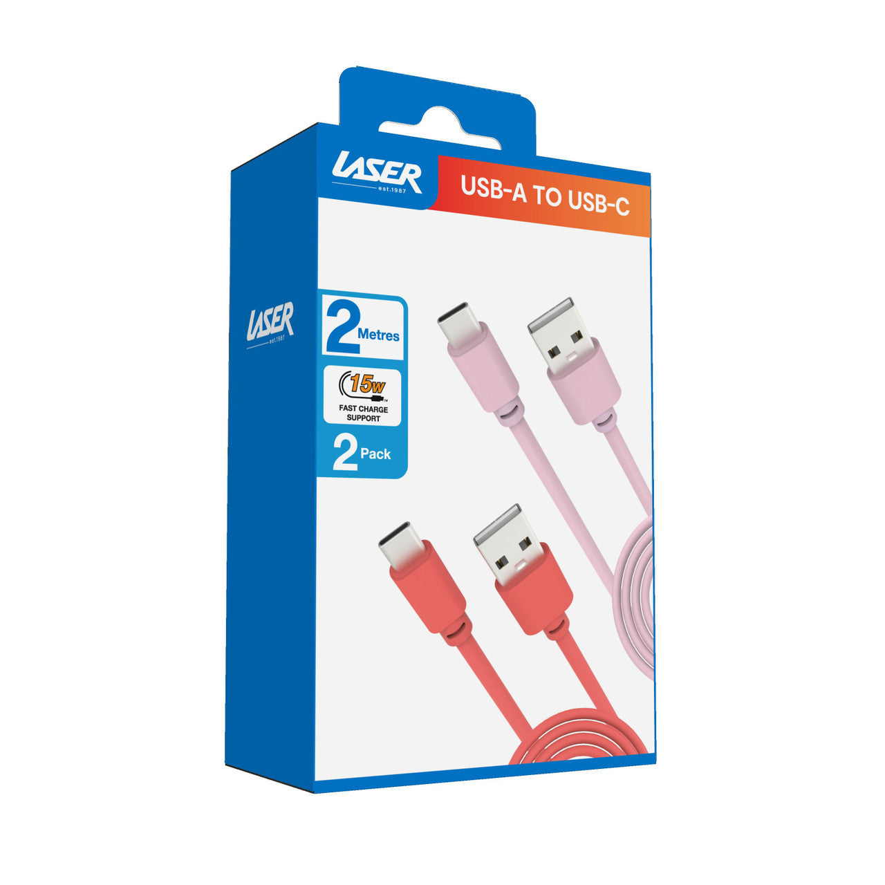 Laser Twin Pack 2 m USB-C to USB-A Cables Pink Red 7