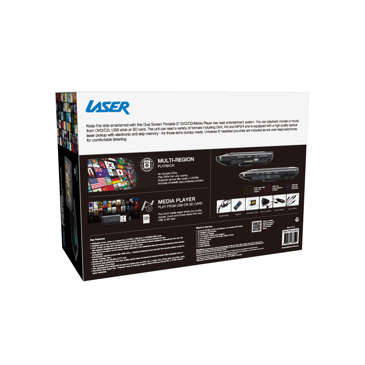 Laser 9 Inch Dual Screen DVD Player Black 12